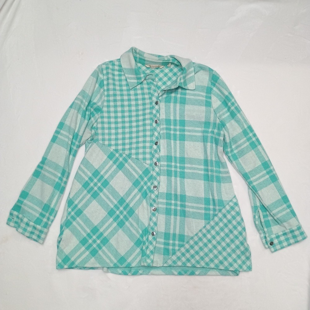 Soft Surroundings Button Down Teal Soft Plaid Flannel Size Petite Medium